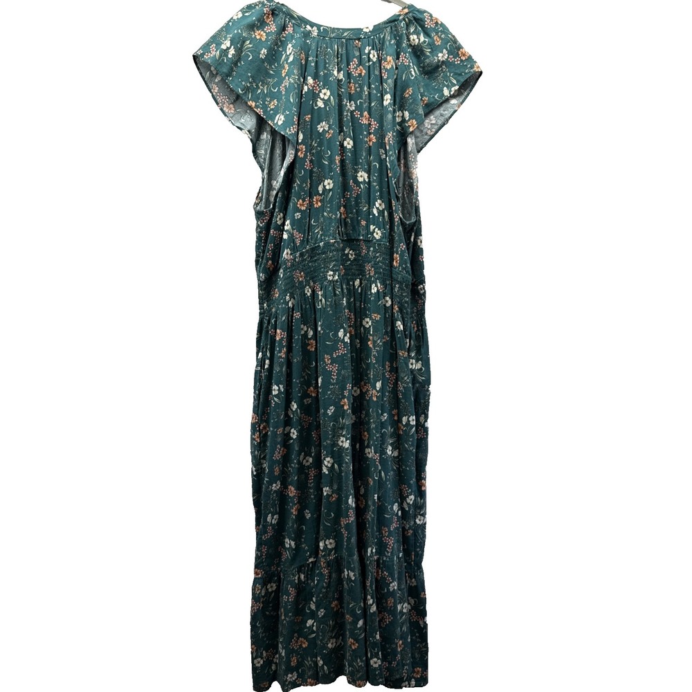 Old Navy Maxi Dress XXL Green Floral Layered Cap Sleeves Pullover V Neck Boho - Picture 6 of 9